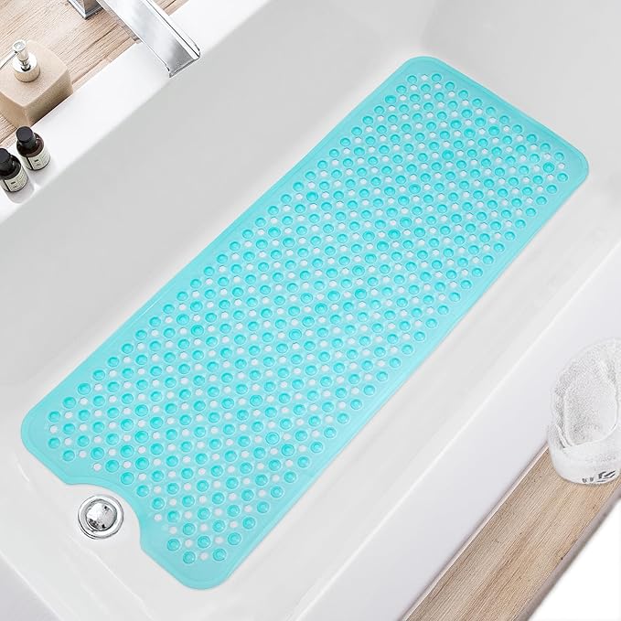 Bath Tub and Shower Mats, Non Slip 40 x 16 Inch Extra Large Bathtub Mat, Machine Washable Bathmat with Drain Holes, Suction Cups for Bathroom Floor, Clear Turquoise