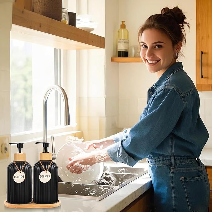 2 Pack ViserVita Glass Hand Soap Dispenser Set with Bamboo Pump, Elegant Refillable Liquid Dish Soap Dispenser with Tray, Perfect for Kitchen Sink and Bathroom Decor