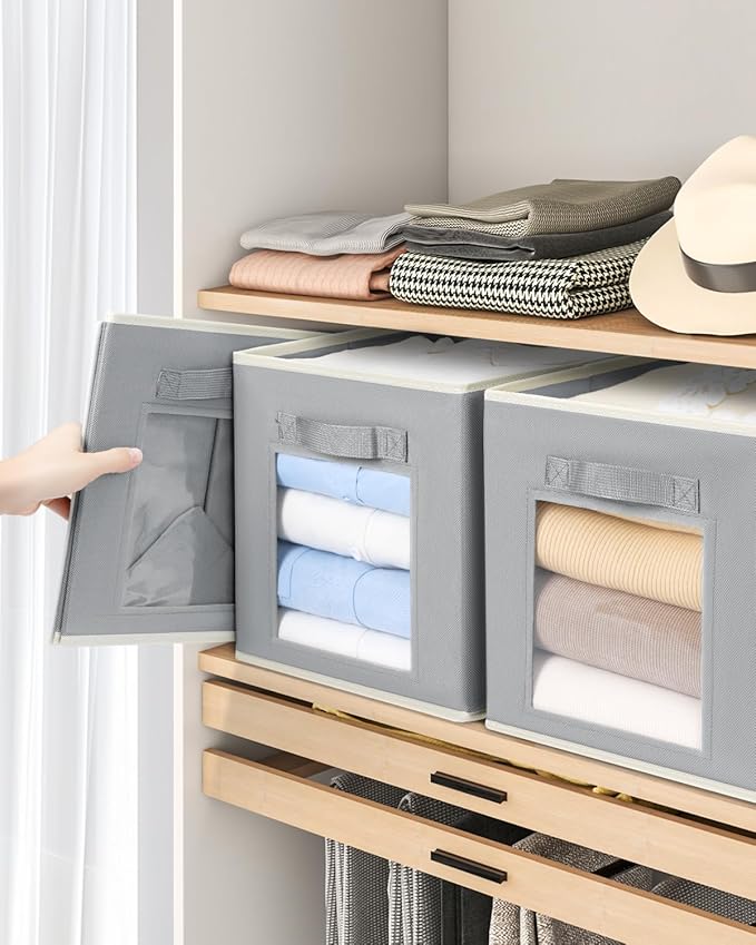 Foldable Storage Cubes - Cubby Storage Organizer with Window, Decorative Baskets for Organizing, Fabric Bins for Clothes Storage, Closet Storage Cubes 11inch, Set of 12, Grey