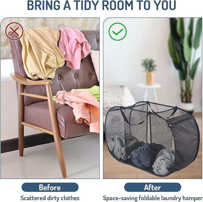 Seiritex Mesh Popup Laundry Hamper 3 Compartment Sortable Horizontal Collapsible Laundry Basket for Clothes Laundry Room Bedroom Toys Travel (Black)