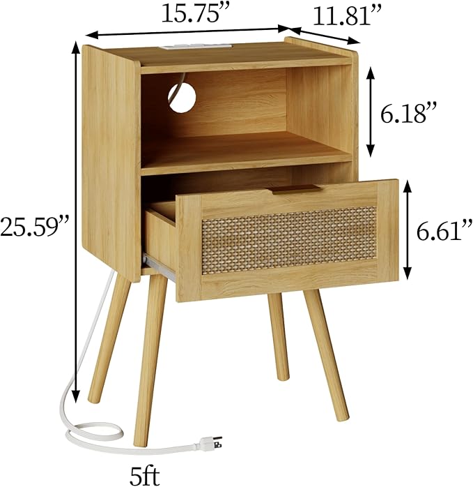 Veegle Rattan Nightstand with Outlet,Modern Bedside Table with Storage Drawer and Open Wood Shelf, for Living Room, Bedroom and Small Spaces, Accent Night Stand with Solid Wood Legs,Yellow Oak
