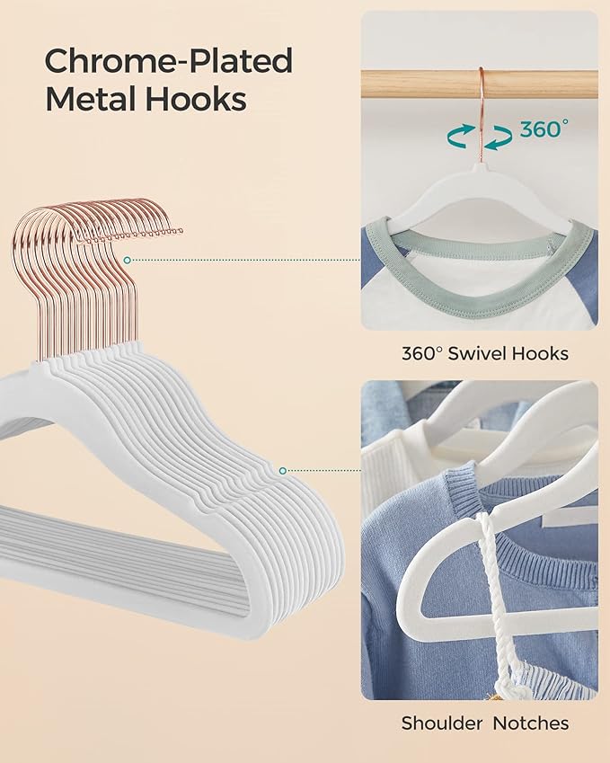SONGMICS Baby Kids Hangers 50 Pack for Closet, 11.8 x 8.1 Inches, Rose Gold 360° Swivel Hooks, Space-Saving Clothes Velvet Hangers for Nursery, Non-Slip, Cloud White UCRF027W01