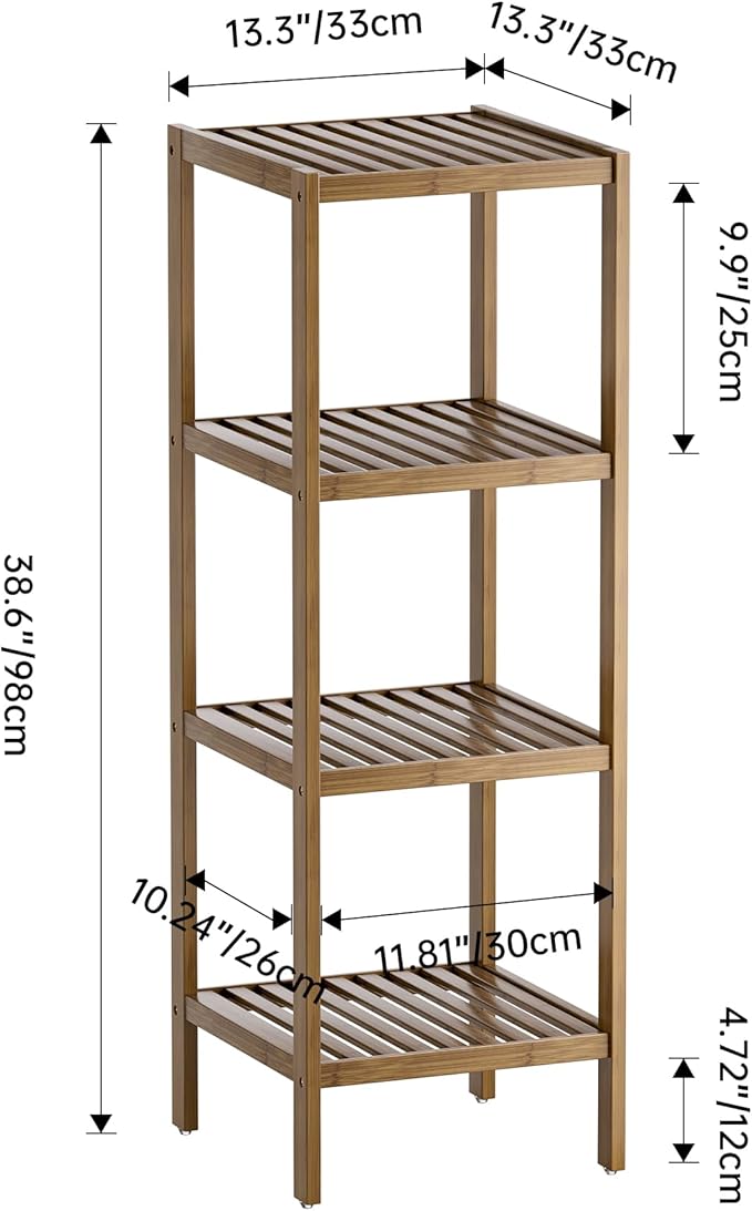 SMIBUY Bathroom Storage Shelf, 4-Tier Bamboo Rack Organizer, Multifunctional Shelving Unit for Living Room Bedroom Kitchen (Walnut)