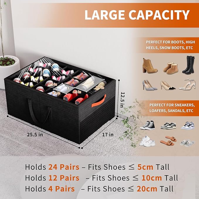 Aokeyee 2 Pack Shoe Organizer for Closet, Large Shoe Storage Box Fits up to 48 Pairs, Space Saving Foldable Shoes Organizer Bin w/Clear Cover and 4 Reinforced Handles, Black