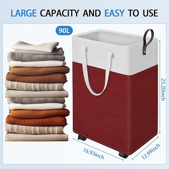 HomeHacks 90L Large - Capacity Rolling Laundry Basket, Laundry Hamper with 4 Smooth Wheels, Collapsible Waterproof Clothes Basket, Freestanding Hamper with Handles for Bedroom/Dorm/Laundry Room (Red)