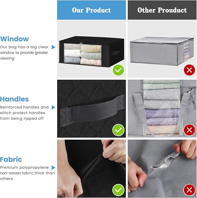 HomeHacks Storage 8-Pack Clothes Organizer Storage Bags Foldable Storage Box with Large Clear Window Sturdy Handles for Closet, Dorm, Pillows, Bedding, Clothes, Blankets, 35L, Black