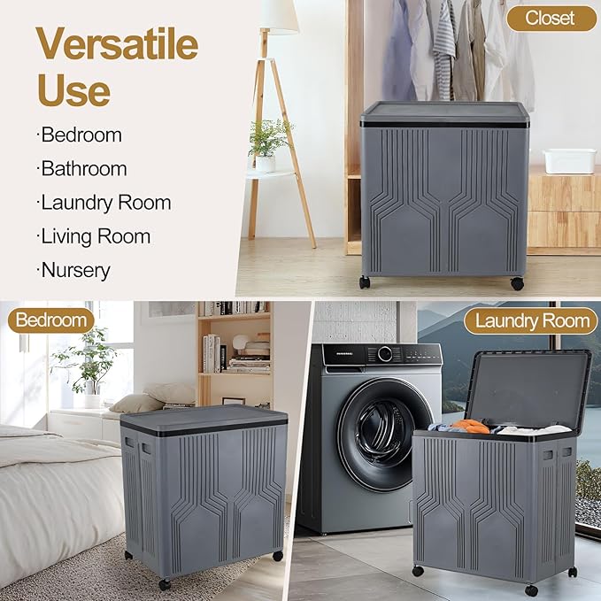 130 L Large Double Laundry Basket with Wheels Plastic, Rolling Laundry Basket with Lid and Removable Bag, Large Collapsible Laundry Hamper with 2 Sections, Gray