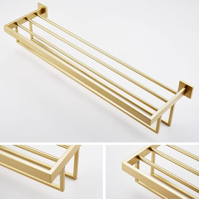 KOKOSIRI 32'' Towel Shelf Holder Bathroom Towel Rack with Two Bath Towel Bars Rails SUS304 Stainless Steel Wall Mount, Brushed Gold B6003BG-L32