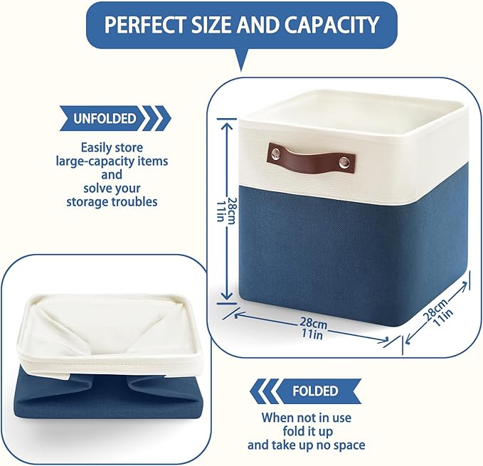 6-Pack Foldable Fabric Storage Cubes 11x11 Inch, Sturdy Cube Organizer Bins with Leather Handles, Storage Baskets for Closet Shelves and Home Organization(White/Blue)