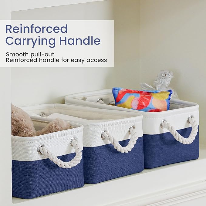 Storage Baskets for Shelves 11.8x7.9x5.2 Inch, Foldable Fabric Storage Bins with Handles, Small Storage Baskets for Organizing Closet, Office, Home Organization (3-Pack, White&Blue)