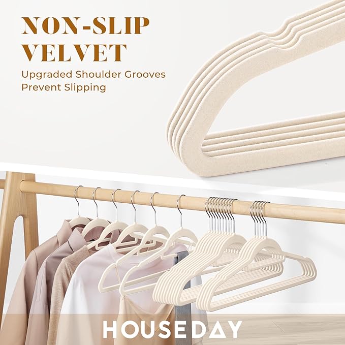 HOUSE DAY Velvet Hangers with Tie Bar 60 Pack Ivory, Clothes Hanger Non-Slip, Space Saving Felt Hangers for Pants, Coat, Suits, Shirt, Scarf, No Hanger Marks
