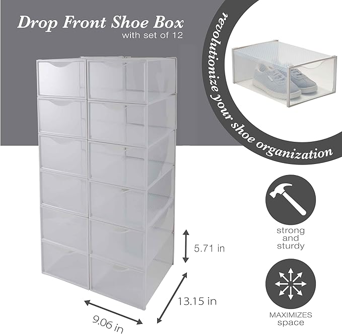 Simplify Set of 12 Stackable Shoe Boxes | Customizable | Fits Size 11 Shoes | Drop Front Design | Closet Storage | Sneakers | Heels | Clear and White