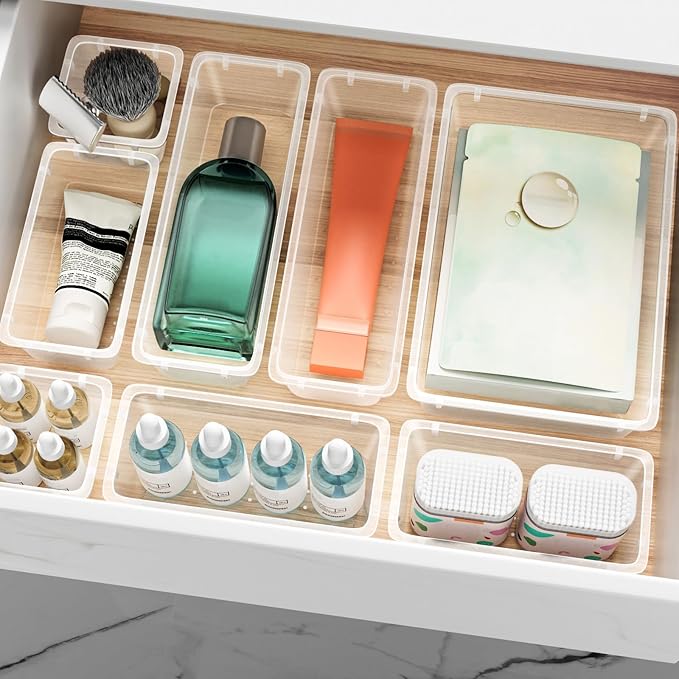 48 PCS Drawer Organizer Set, 4 Sizes Tool Storage Trays, Clear Plastic Makeup Vanity Organizer and Storage Bins for Makeup, Stationeries, Multiple Gadgets for Bathroom, Office, Bedroom