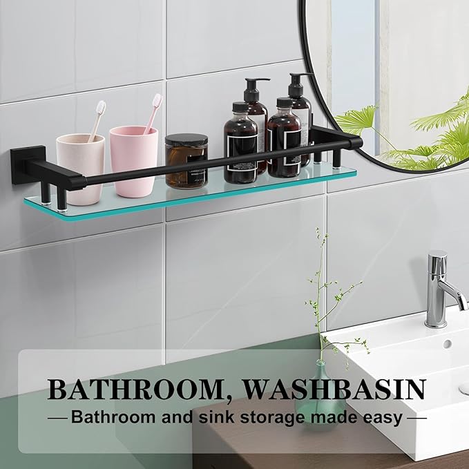 SFGSOWOR Bathroom Glass Shelf 20IN Rectangular Stainless Steel Tempered Glass Shelves Modern Stainless Steel Wall Mount Bathroom Shelf (Matte Black, 20‘’)
