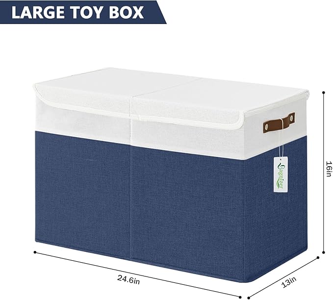 Large Toy Storage Box with Lids, Collapsible Sturdy Baby Storage Organizer Chest Bin Basket for Kids, Boys, Girls, Playroom, Nursery, Bedroom, Closet 25"x13"x16" (Navy Blue and White)