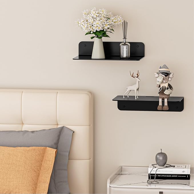 Wisfame Small Adhesive Wall Shelves, 9" Metal Floating Shelf with Cable Hole, Display Ledge for Photo Frame, Figurine, Small Craft, Electronics, (Black, 2 Pack)