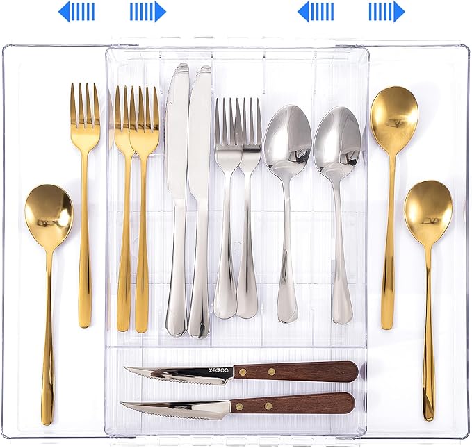 HOMEE Expandable Kitchen Drawer Organizer for Flatware & Utensils, Acrylic Cutlery Organizer, Desk Drawer Organizer