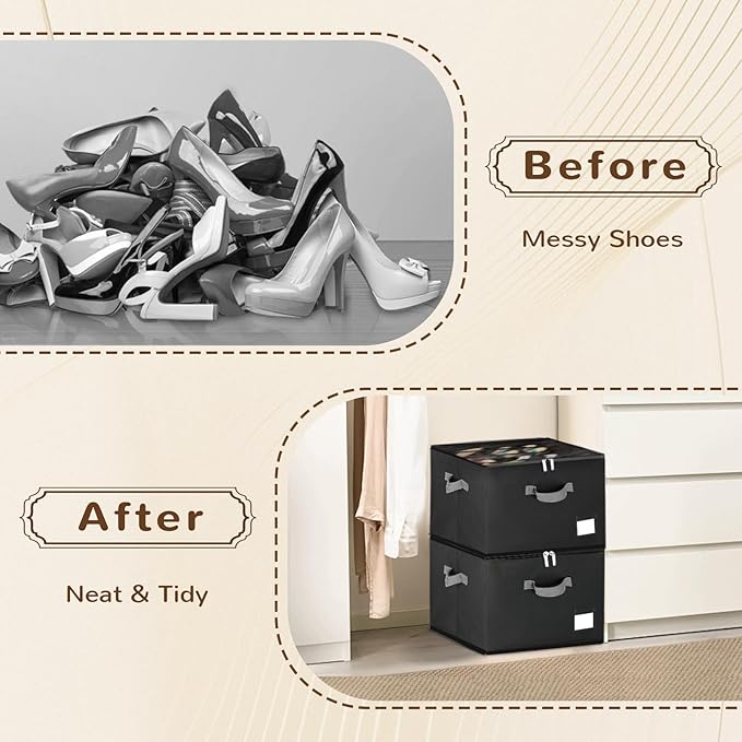 2 Pack Shoe Organizer for Closet, Large Shoe Box Storage Containers,Shoe Storage Box Fits 12-16 Pairs,Fabric Shoe Storage Bins with Clear Cover,Black