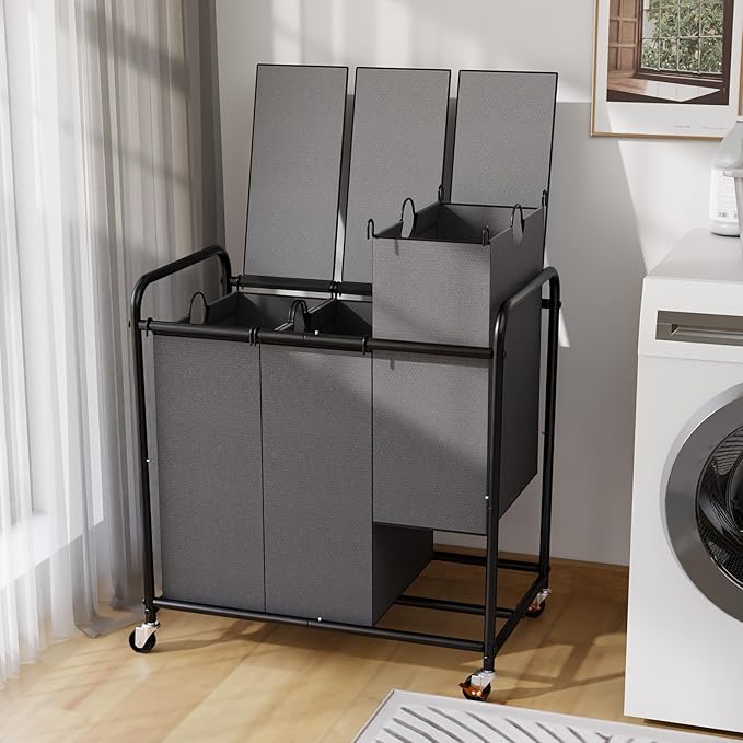 3-Compartment Laundry Cart with Lockable Wheels & Lid 180L Large Wheeled Laundry Basket Heavy-Duty Sorting Organizer for Laundry Room (Grey)