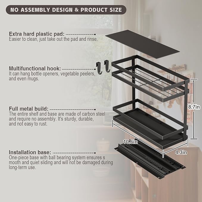 Pull Out Spice Rack Organizer for Cabinet, 4 Pack Metal Seasoning Organizer Slide Out Spice Storage Shelf No Assembly Vertical Spice Rack Pullout for Kitchen & Bahthroom No Drill(2 Tier,Black)