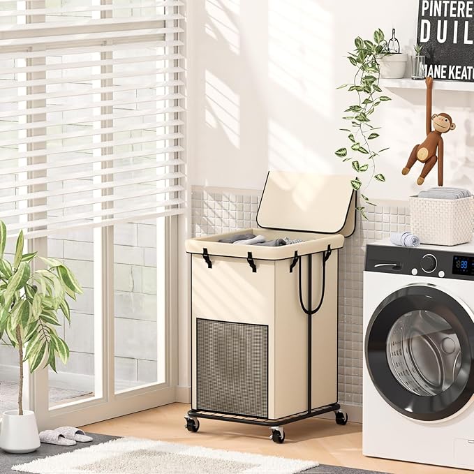 Large Laundry Hampers with Lid, Oxford Fabric Laundry Hampers, Metal Frame and Removable Bag Design with Wheels, Suitable for Bedroom, Bathroom, Dorm Room, Laundry Room (White with Lid)