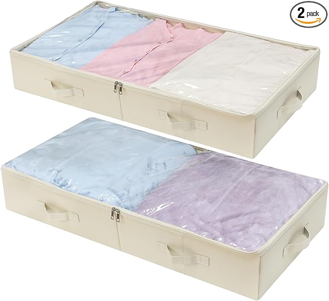 iwill CREATE PRO Pack of 2, Visible Lid Underbed Clothes Storage Bins for Shoes, Blankets, Sheets Organizer, 6" Height 7" Tall Under the Bed Storage Containers, Beige