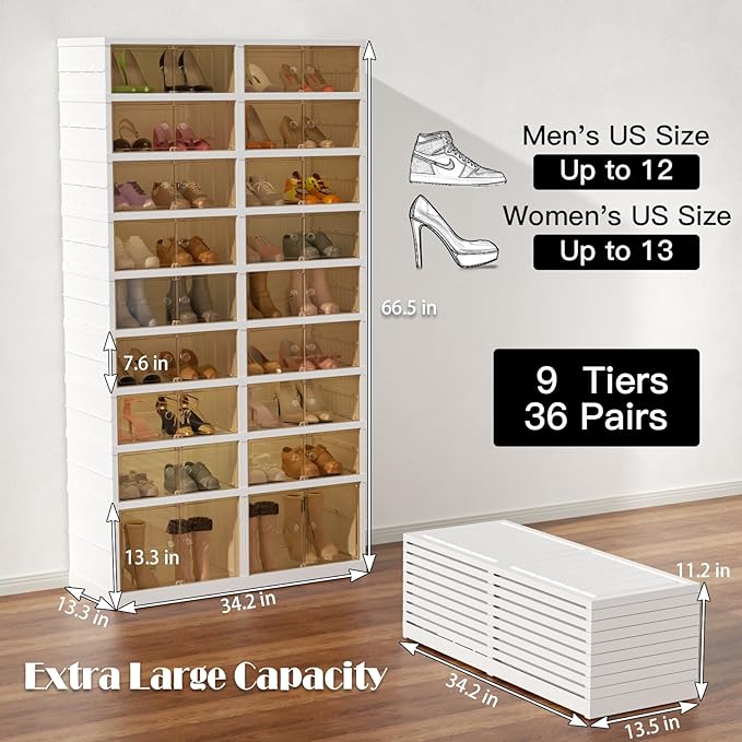 9-Tier Portable Shoe Rack Organizer for Closet, 36 Pairs Shoe Container Bins, Clear Plastic Collapsible Shoes Storage Box, Stackable Sneaker Storage Shoe Cabinet with Door
