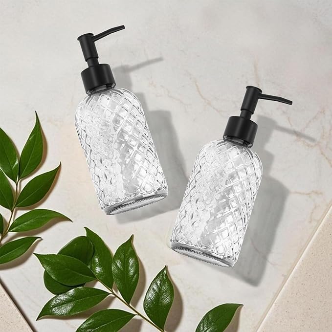 2 Pack Gem Glass Soap Dispenser with Black Plastic Pump, 13oz Liquid Hand Soap Dispenser, Rustproof Pump for Kitchen & Bathroom, Great for Lotions, Essential Oil, Liquid Soaps-Clear