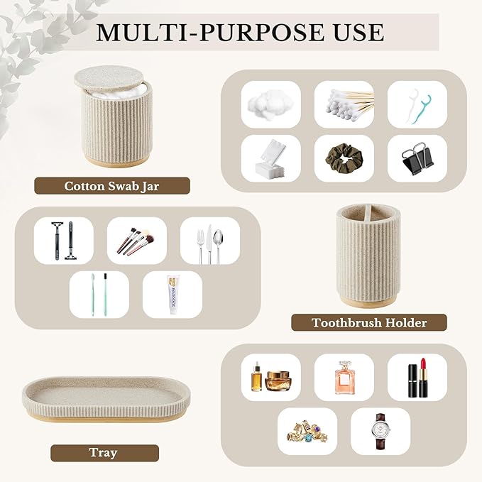 7PCS Bathroom Accessories Set, with Soap Dispenser, Q-tip Holder, Toothbrush Holder, Tumbler, Soap Dish, Vanity Tray, Complete Bathroom Accessory Set Organizer Countertop for Modern Home Decor, Beige
