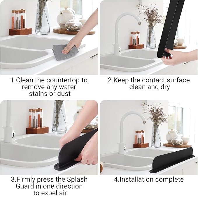 19.29 inch Sink Water Splash Guard, Silicone Sink Splash Guard, Backsplash Protector for Kitchen Countertop & Bathroom Bathtub with Non-Slip Strong Suction, Black