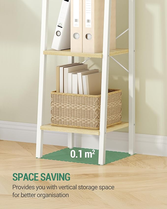 Ladder Shelf, Bookshelf Bookcase, Freestanding Corner Storage Shelve with 2 Hooks for Home Office, Living Room, Kitchen, Bedroom, Industrial, 11.8" D x 13.4" W x 63" H, White Oak and White