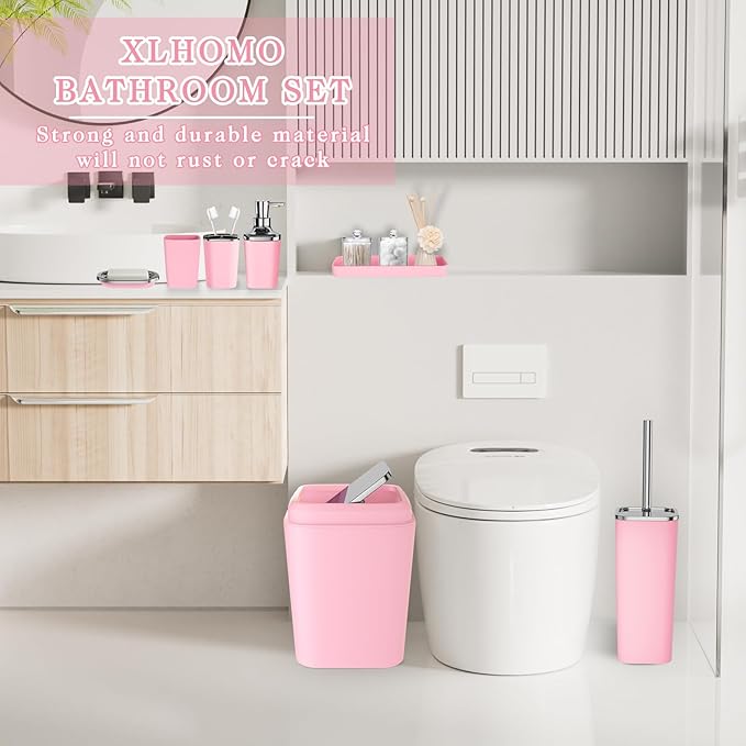 Pink Bathroom Accessory Set, Plastic Bathroom Set with Tray, Soap Dispenser, Toothbrush Holder, Toothbrush Cup, Soap Dish, Toilet Brush, Trash Can and Q-tip Holders for Bathroom/Housewarming