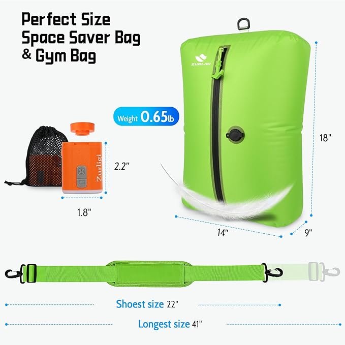 Zurligi Vacuum Bags with Pump for Travel – IPX8 Waterproof Reusable Carry-On Compression Bags for Clothes, Suitcase & Luggage(2-Pack, Green)
