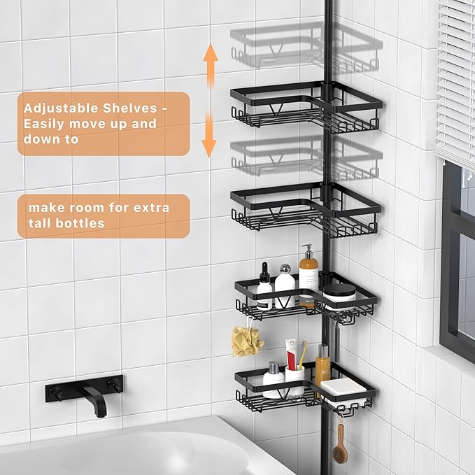 KEGII 5-Tier Corner Shower Caddy Tension Pole, Adjustable 25–114.2 Inch Rustproof Bathroom Organizer Shelves with Hooks, Soap & Razor Holder, Inverted Bottles Design, Space-Saving Storage Rack, Black