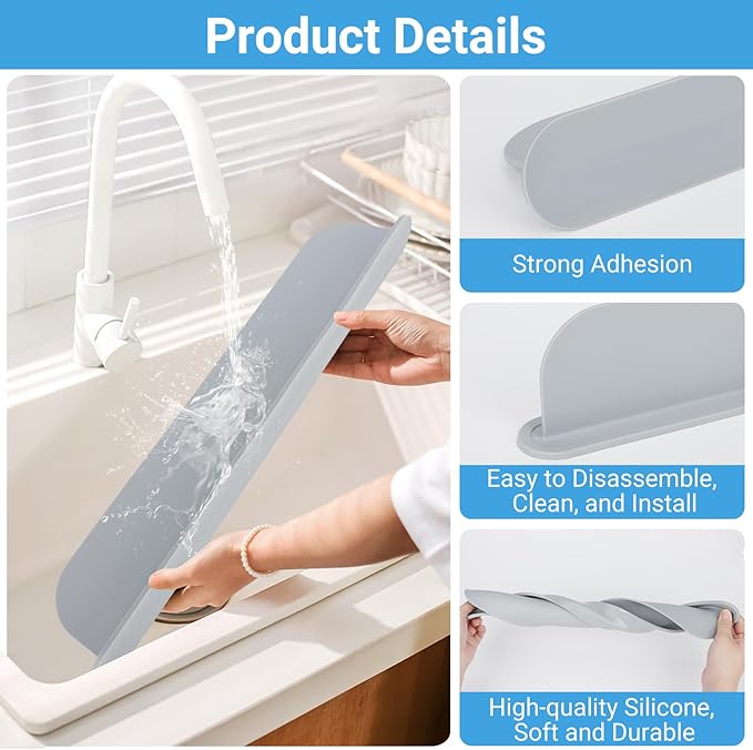 19.29 inch Kitchen Sink Splash Guard, Silicone Sink Baffle Splash Guard, Backsplash Protector for Kitchen Countertop & Bathroom Bathtub with Non-Slip Strong Suction, Gray