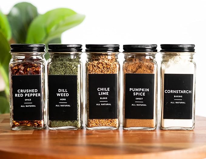 SAVVY & SORTED Black Spice Labels for Jars, 148 Preprinted Organizing Stickers Designed for Spices Storage Glass Bottles for Herbs Seasonings, Kitchen Pantry Organization