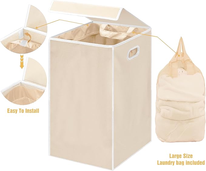 Simple Houseware Foldable Laundry Hamper Basket with Lid, Beige