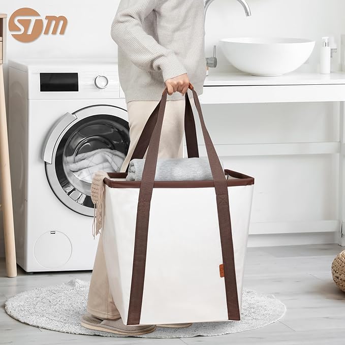 STORAGE MANIAC Collapsible Laundry Caddy, 64L (17 Gal) Large Collapsible Laundry Basket with Sturdy Metal Wire Frame, Long Carry Handles - Space-Saving, Foldable Laundry hamper, 1 Pack Beige