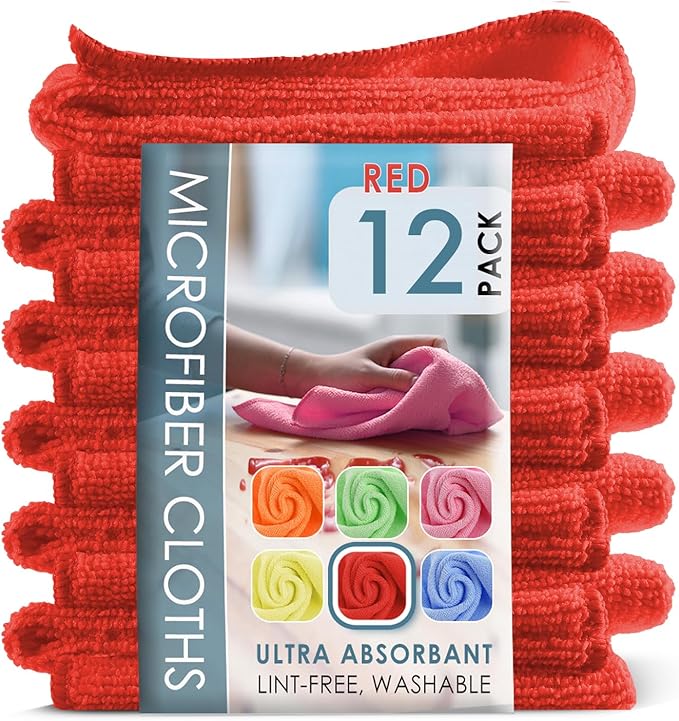 Hearth & Harbor Microfiber Cleaning Cloth, Reusable Microfiber Towels for Cars 12 Pack Washcloths, Red Cleaning Rags, Microfiber Cloth Rags for Cleaning, Lint Free Cloth 12”x12” V-HH-Cloth-M-12-Red