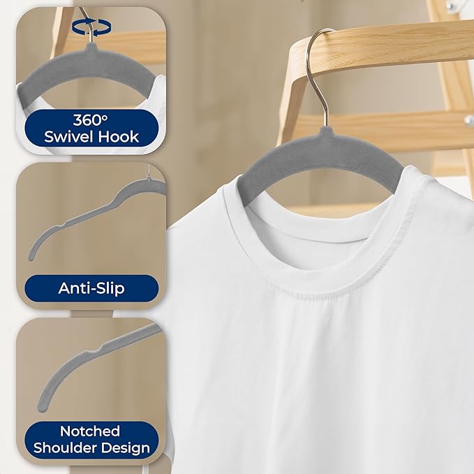 SereneLife 100 Pack Shirt Hangers, Heavy Duty Non-Slip Velvet Hangers with 360° Swivel Hooks, Slim Space-Saving Design for Tops, Jackets, Blouses, & Strappy Dresses (Gray)