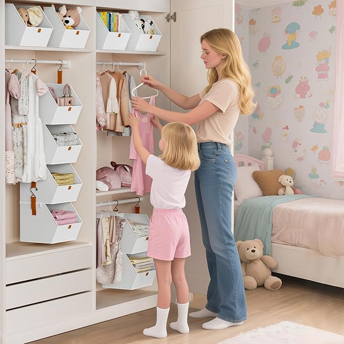 Hanging Closet Organizer 4 Tier - Clothes Hanging Shelves, Space-Saving Closet System, Fabric Storage Bins Bedroom Organization, Collapsible Baskets for Home, Dorm, Rv, White