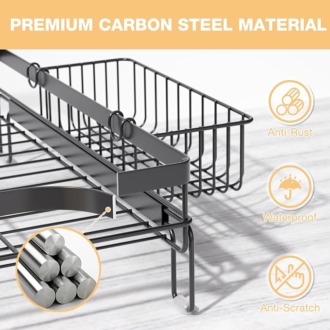 Dish Drying Rack Extendable Dish Rack Rustproof Carbon Steel with Drainboard & Cutlery Holder – Extra Large Capacity Dish Drainer Countertop Dish Strainer for Kitchen Utensils, Plates, Spoons & Forks