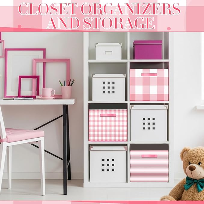 Boao 3 Pack Pink Checkered Storage Bins, Large Collapsible Canvas Baskets with Handles, Empty Decorative Holiday Gift Baskets for Christmas Home Organization, Bedroom, Closet, Shelves, Nursery Decor