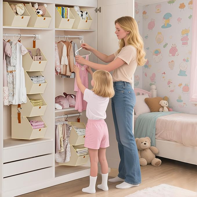 Hanging Closet Organizer 4 Tier - Clothes Hanging Shelves, Space-Saving Closet System, Fabric Storage Bins Bedroom Organization, Collapsible Baskets for Home, Dorm, Rv, Beige, 8 Pack