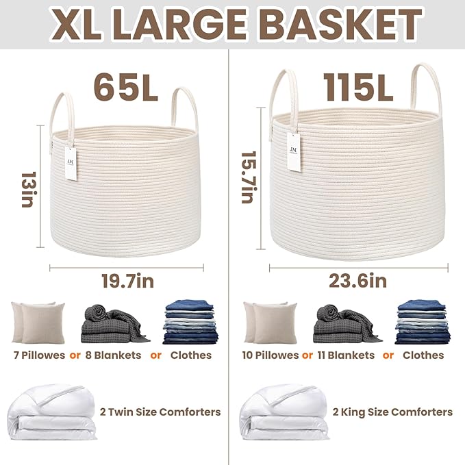 115L Extra Large Blanket Basket for Living Room - Woven Cotton Rope Laundry Hamper with Reinforced Handles - Storage Bin for Pillows, Comforters & Toys - Machine Washable,White