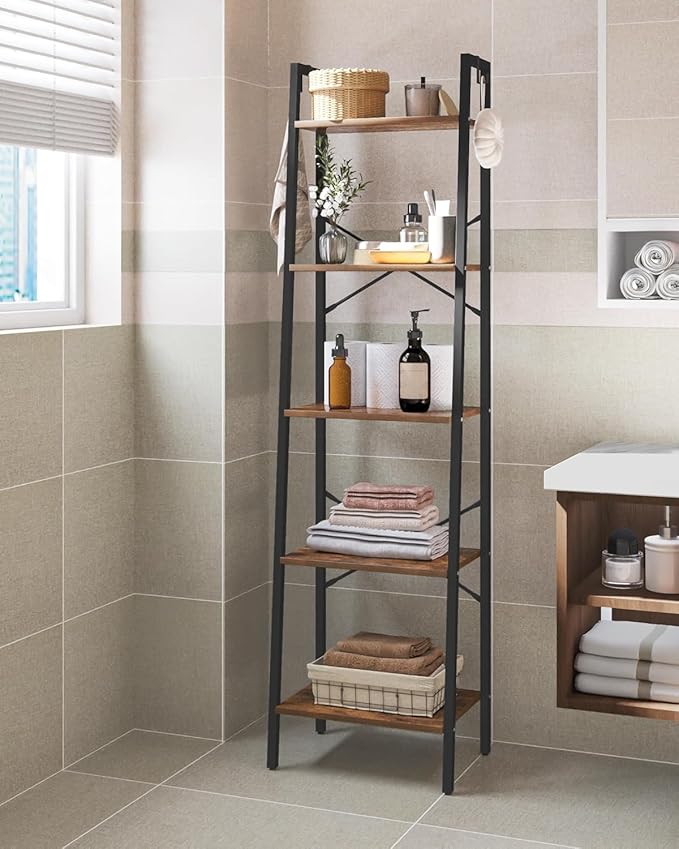Ladder Shelf, Bookshelf Bookcase, Freestanding Corner Storage Shelve with 2 Hooks for Home Office, Living Room, Kitchen, Bedroom, Industrial, 11.8" D x 17.3" W x 63" H, Rustic Brown BC19201B