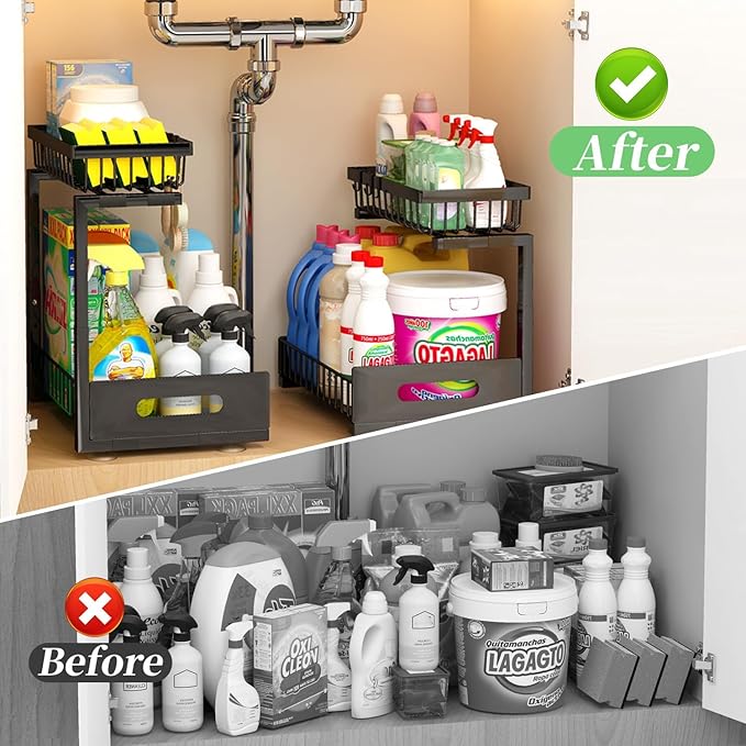 Under Sink Organizer, Adjustable Shelves, 2 Pack Pull Out Cabinet Organizer Slide Out Sink Shelf Cabinet Storage Shelves, Under Sink Storage for Kitchen Bathroom Cabinet
