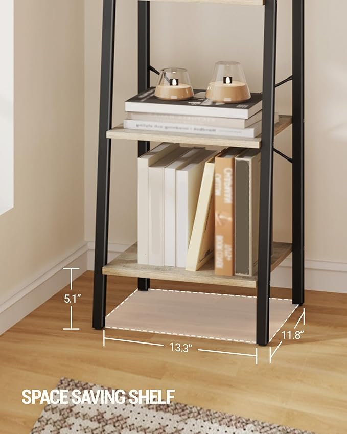 Ladder Shelf, Bookshelf Bookcase, Freestanding Corner Storage Shelve with 2 Hooks for Home Office, Living Room, Kitchen, Bedroom, Industrial, 11.8" D x 13.4" W x 47.2" H, Greige BC13205B
