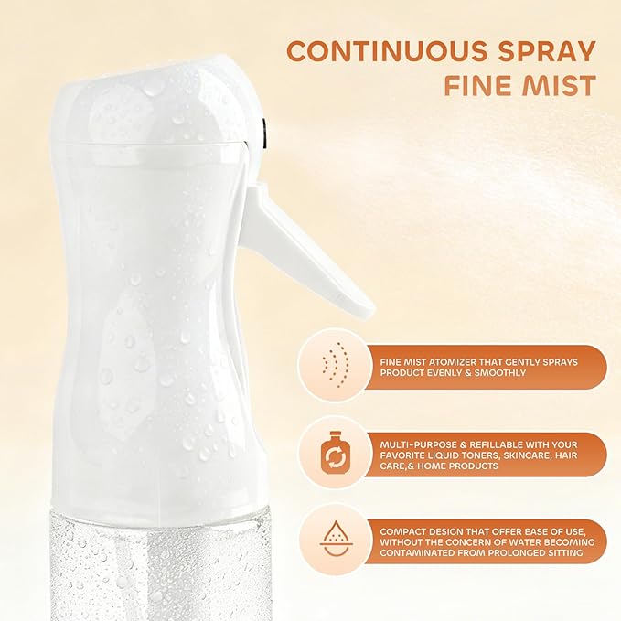 2Pcs Continuous Spray Bottle For Hair,Ultra Fine Refillable Water Mister for Hair Styling, Plants, Cleaning, Salon, Misting & Skin Care（200ml/6.8oz Clear） (200ML 2PACK)