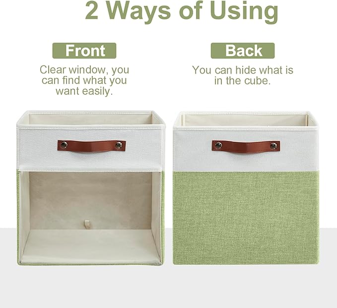 Storage Cubes, 4 Pack Linen Foldable Storage Bins (13 x 13 inch) with Clear Window and Handles, Fabric Organizer for Shelf Closet, Clothes, Books - (Green and White)